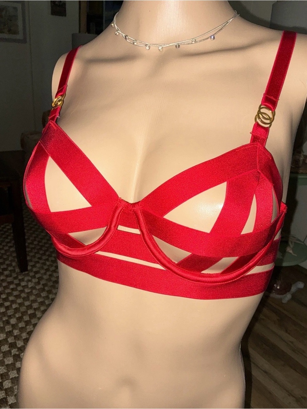 34DD Victoria's Secret Luxe Unlined Balconet Strappy Banded Caged Bra Red Sexy